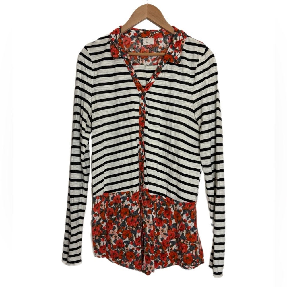 Postmark by Anthropologie b+w striped long sleeve button up w/ contrast fabric - Picture 2 of 5